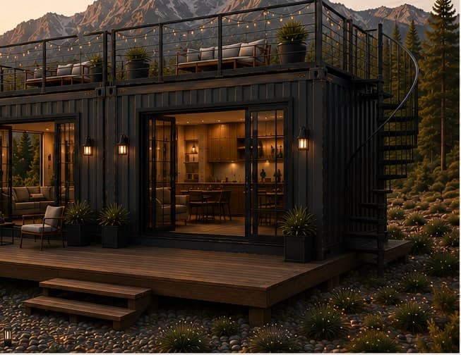 Rendering of the Beartooth: two black 40 ft containers joined side by side, fully glazed across the front, with a timber terrace and a rooftop deck