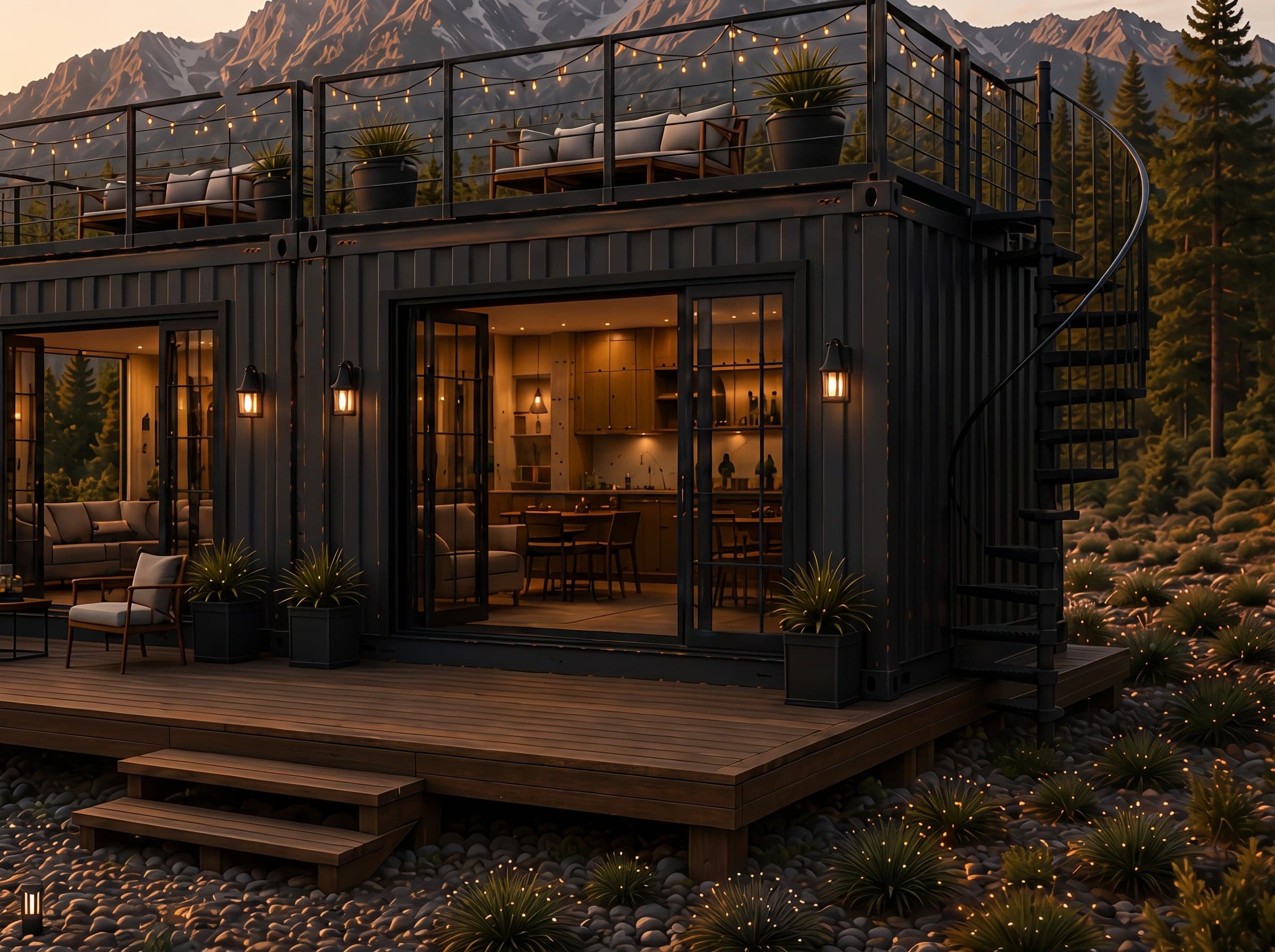 Rendering of the Beartooth: two black 40 ft containers joined side by side, fully glazed across the front, with a timber terrace and a rooftop deck