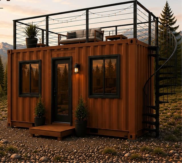 Rendering of the Bitterroot: a rust-coloured 30 ft container home with large windows, a timber step and a railed rooftop deck reached by a spiral staircase