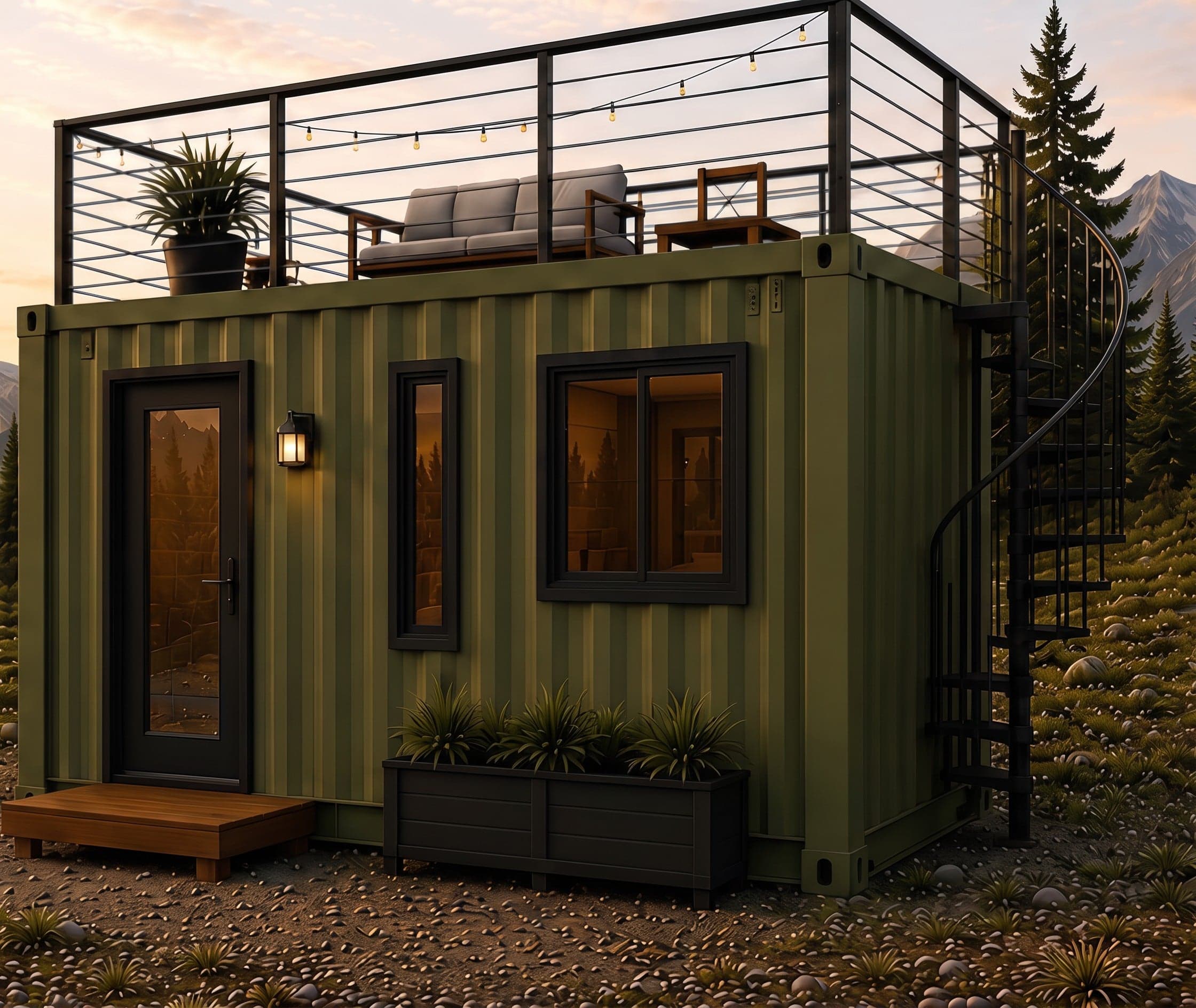 Rendering of the Bridger: an olive green 20 ft container home with a railed rooftop deck, string lights and a spiral staircase up the side
