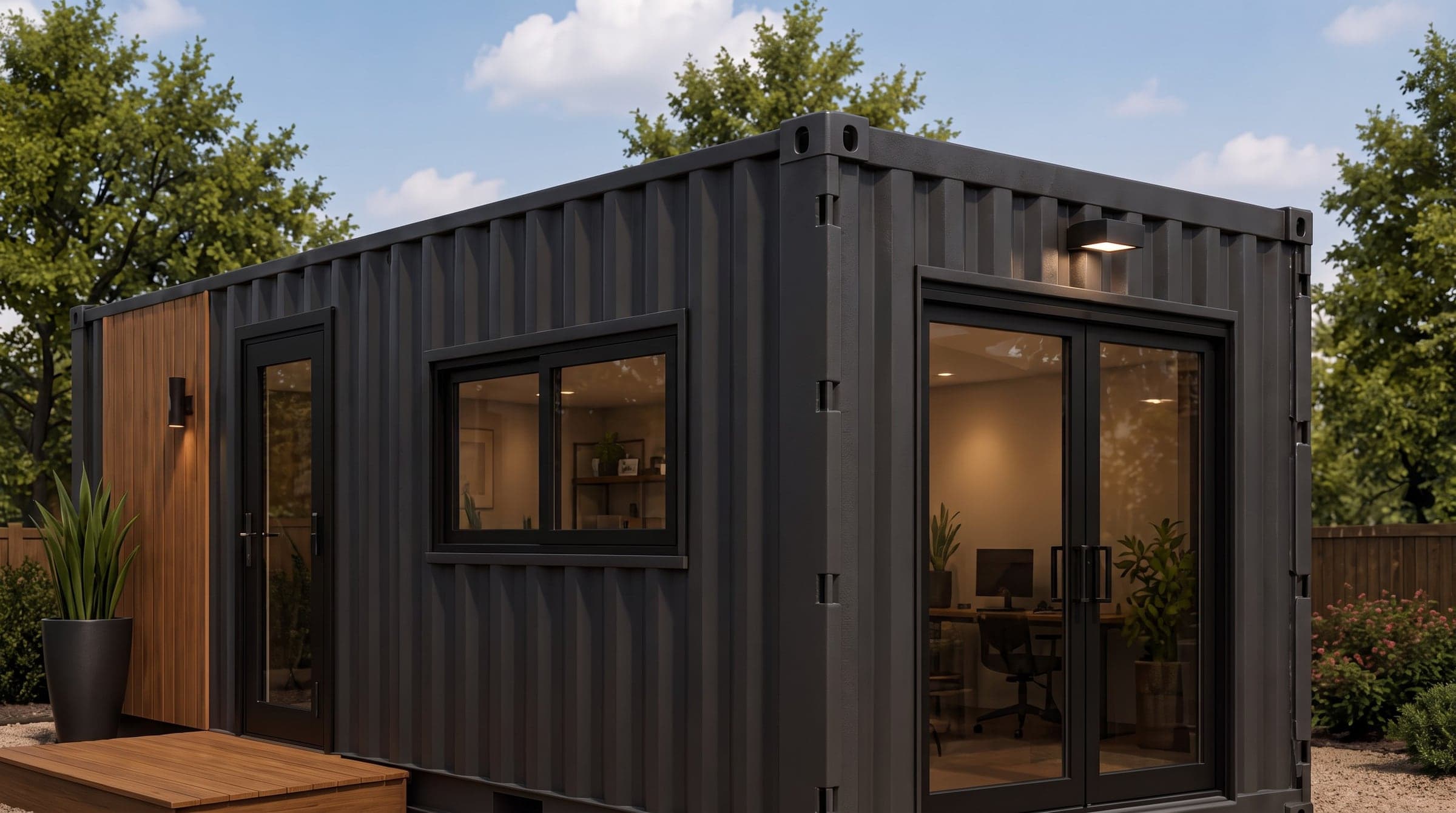 Rendering of the Mobile Office Conx: a dark 20 ft container office with a timber-clad end, large windows and sliding glass doors onto a deck