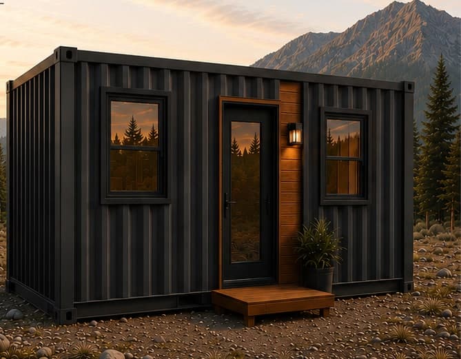 Rendering of the Pioneer: a black 20 ft container home with a timber-clad entry, a glazed door and a small deck, on a gravel site below a mountain at dusk