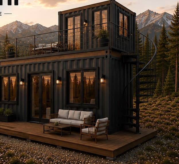 Rendering of the Sawtooth: a 20 ft container set on top of a 40 ft one, with a deck on the lower roof, a spiral staircase and a timber terrace at ground level