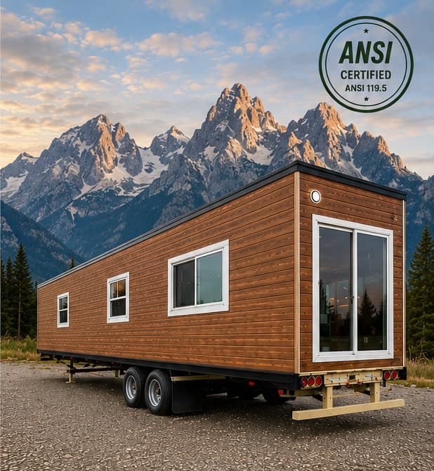 Rendering of the Teton: a timber-clad tiny home on a 53 ft semi trailer, parked on gravel below a mountain range