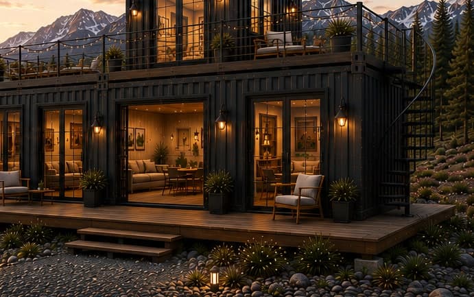 Rendering of the Wasatch: two black 40 ft containers joined on the ground with a third set across them above, lit from inside, with a timber terrace along the front